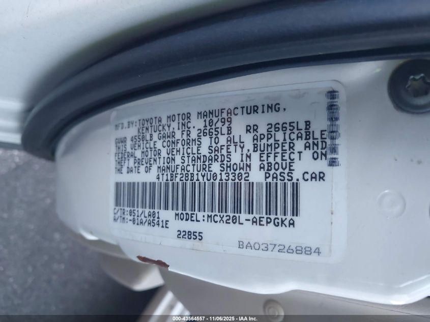 2000 Toyota Avalon Xls VIN: 4T1BF28B1YU013302 Lot: 43564557