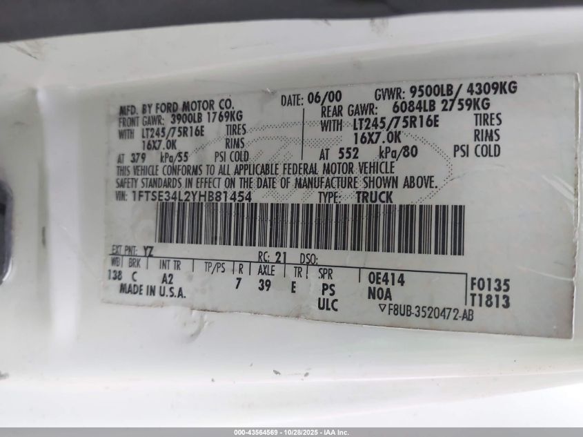 2000 Ford E-350 Super Duty Commercial/Recreational VIN: 1FTSE34L2YHB81454 Lot: 43564569