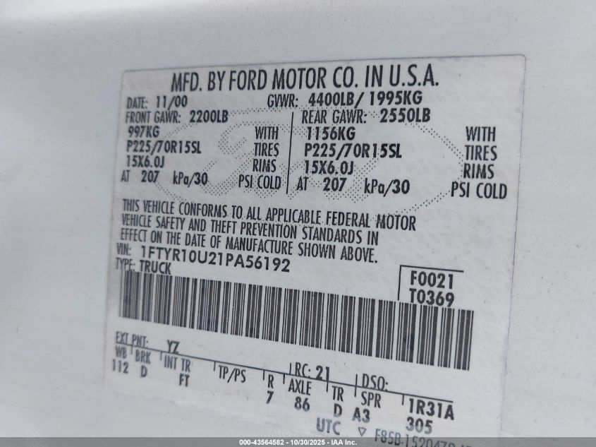 2001 Ford Ranger Edge/Xl/Xlt VIN: 1FTYR10U21PA56192 Lot: 43564582