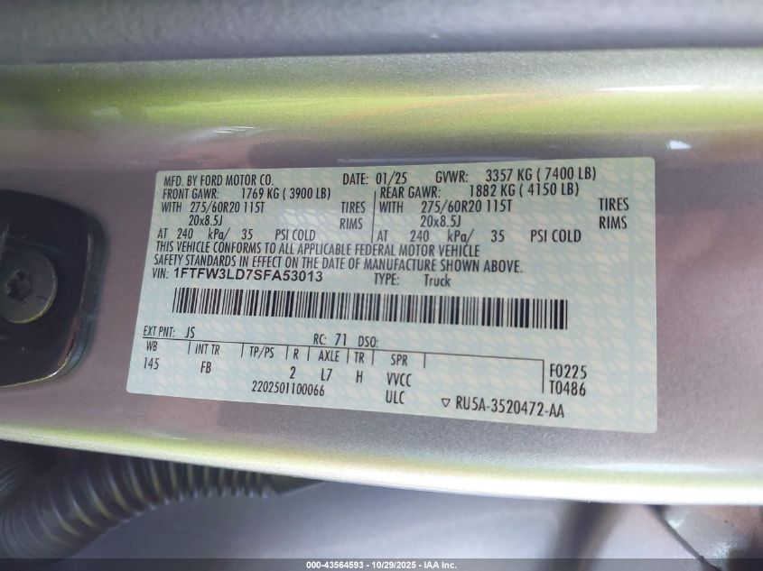 2025 Ford F-150 Xlt VIN: 1FTFW3LD7SFA53013 Lot: 43564593