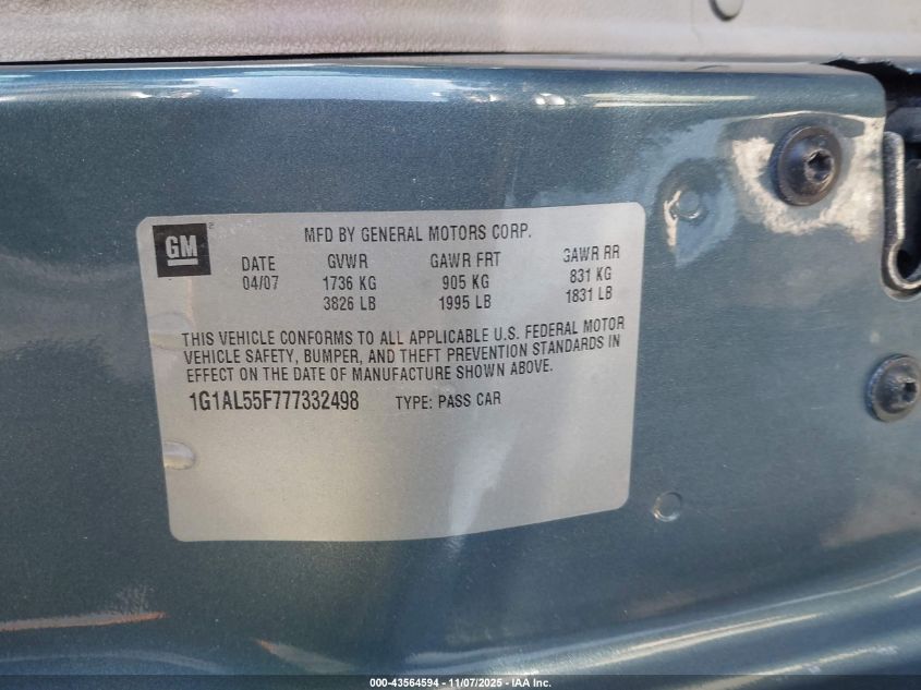2007 Chevrolet Cobalt Lt VIN: 1G1AL55F777332498 Lot: 43564594
