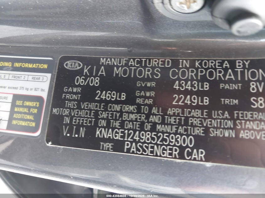 2008 Kia Optima Lx V6 VIN: KNAGE124985259300 Lot: 43564608