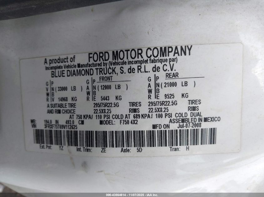2009 Ford F-750 Xl/Xlt VIN: 3FRXF75T69V112625 Lot: 43564614
