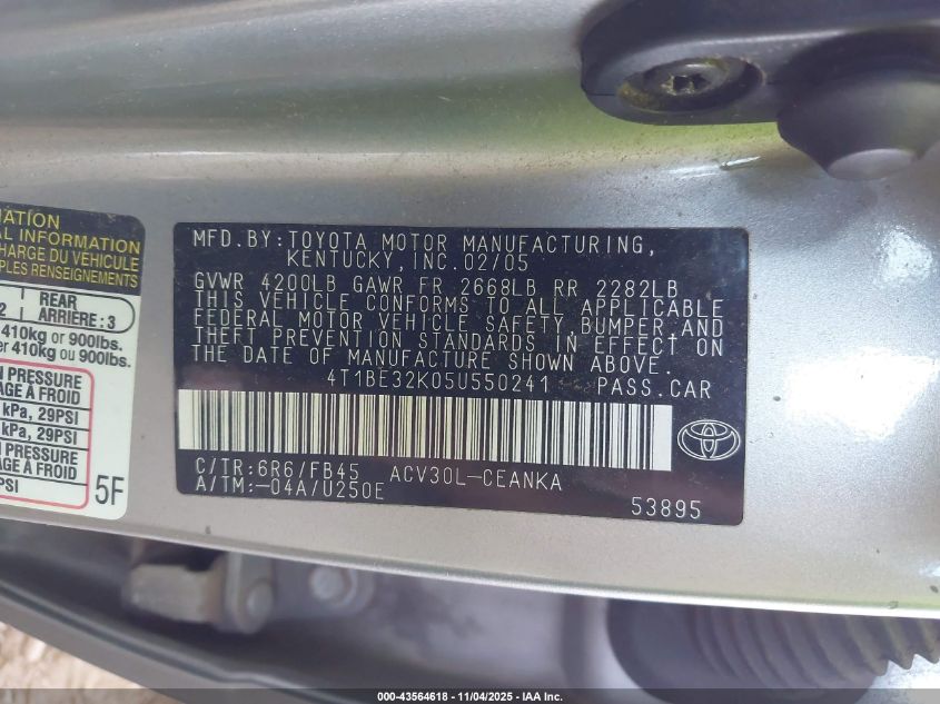 2005 Toyota Camry Le VIN: 4T1BE32K05U550241 Lot: 43564618