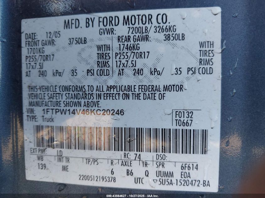 2006 Ford F-150 Fx4/Lariat/Xlt VIN: 1FTPW14V46KC20246 Lot: 43564627