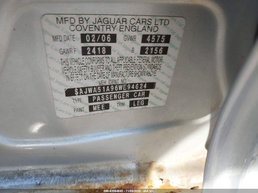 2006 Jaguar X-Type 3.0 VIN: SAJWA51A96WE94624 Lot: 43564640
