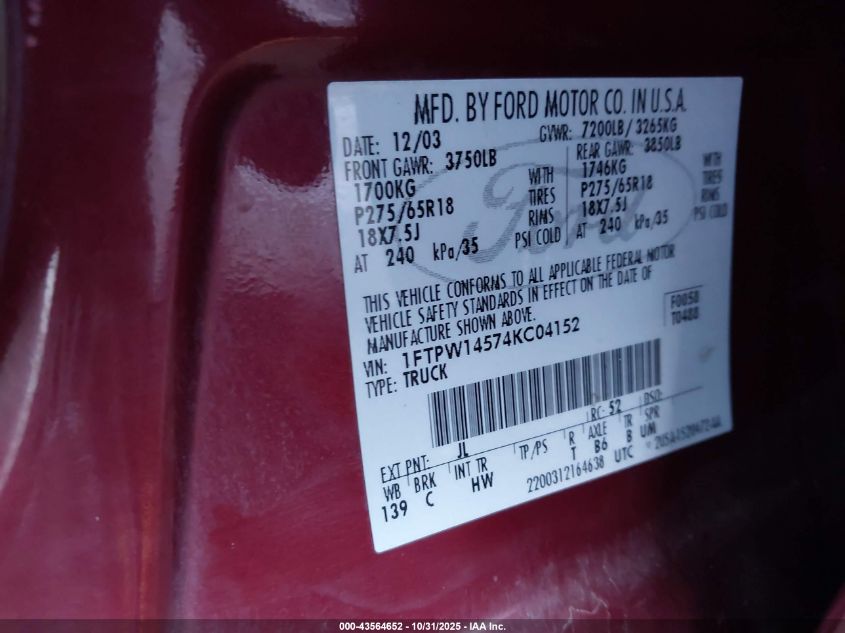 2004 Ford F-150 Fx4/Lariat/Xlt VIN: 1FTPW14574KC04152 Lot: 43564652