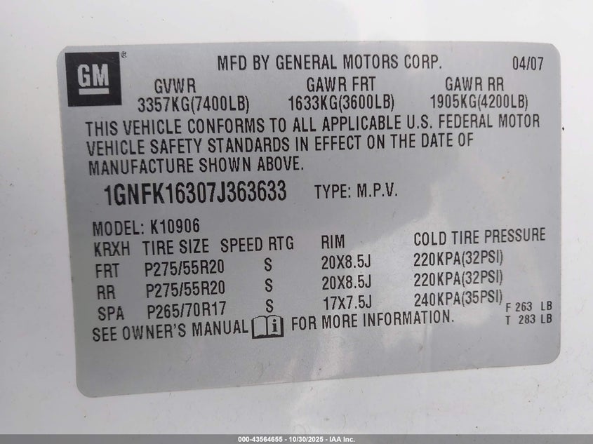 2007 Chevrolet Suburban 1500 Ltz VIN: 1GNFK16307J363633 Lot: 43564655