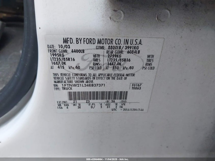 2004 Ford F-250 Lariat/Xl/Xlt VIN: 1FTNW21L34EB37371 Lot: 43564664
