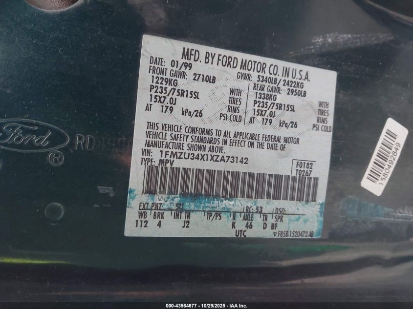1999 Ford Explorer Xl/Xlt VIN: 1FMZU34X1XZA73142 Lot: 43564677