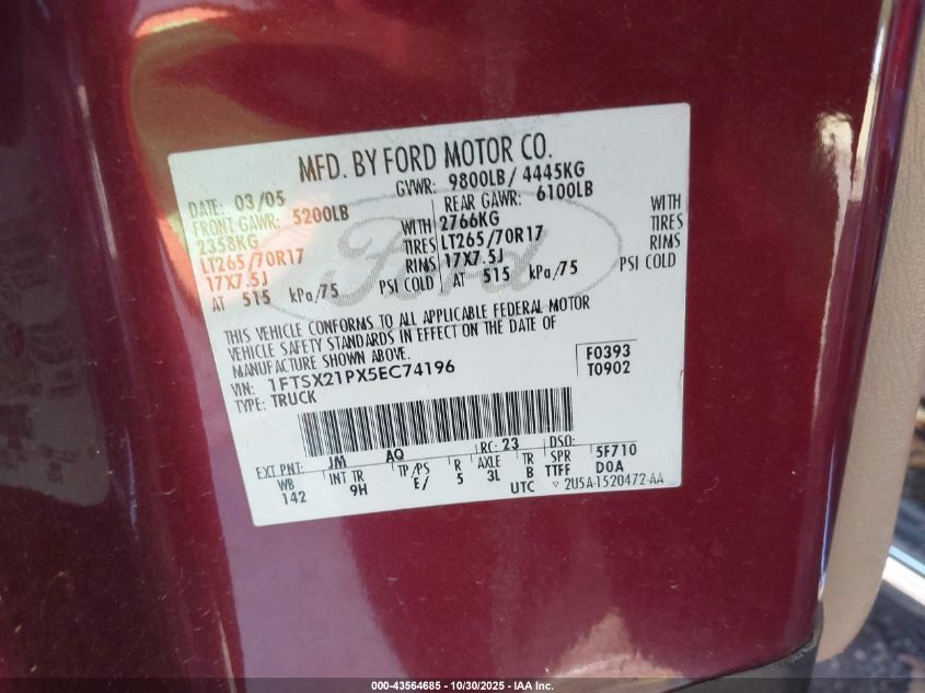 2005 Ford F-250 Lariat/Xl/Xlt VIN: 1FTSX21PX5EC74196 Lot: 43564685