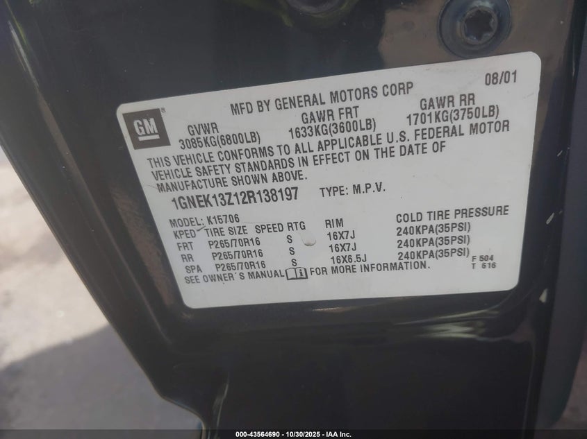 2002 Chevrolet Tahoe Lt VIN: 1GNEK13Z12R138197 Lot: 43564690