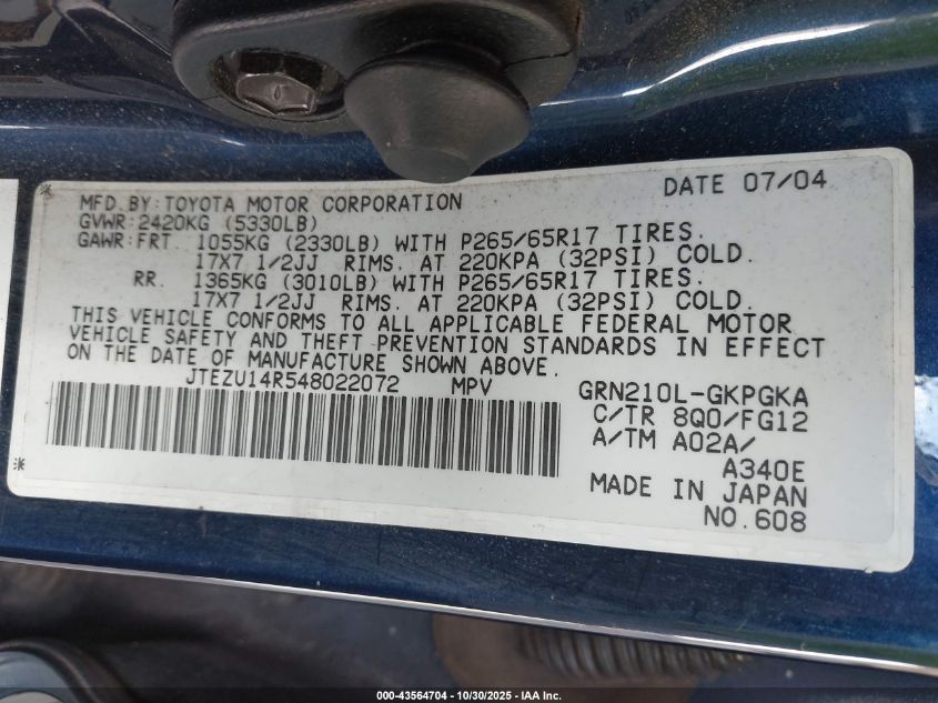 2004 Toyota 4Runner Sr5 V6 VIN: JTEZU14R548022072 Lot: 43564704