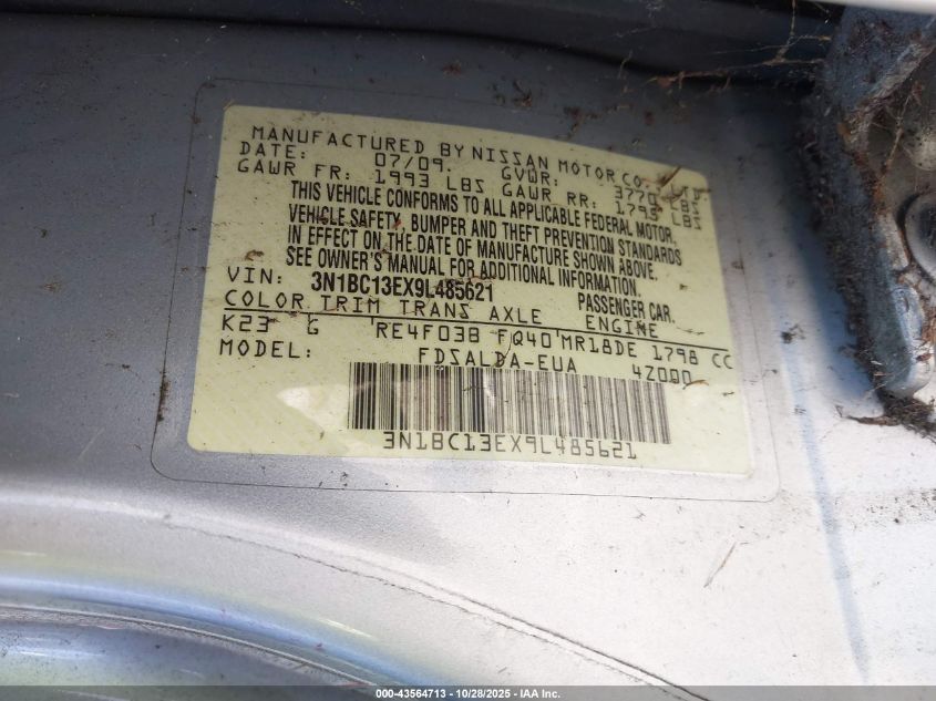 2009 Nissan Versa 1.8S VIN: 3N1BC13EX9L485621 Lot: 43564713
