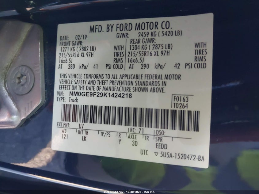 2019 Ford Transit Connect Xlt VIN: NM0GE9F29K1424218 Lot: 43564732