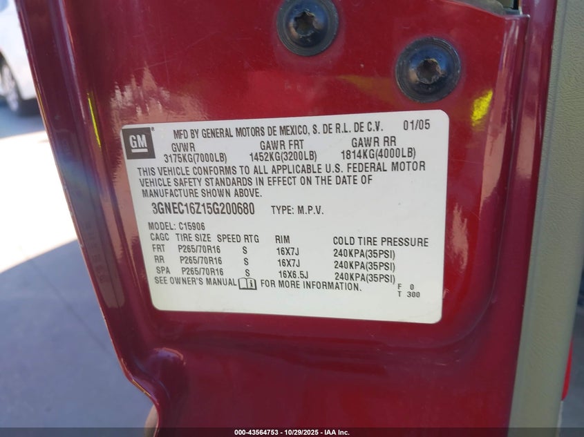 2005 Chevrolet Suburban 1500 Ls VIN: 3GNEC16Z15G200680 Lot: 43564753