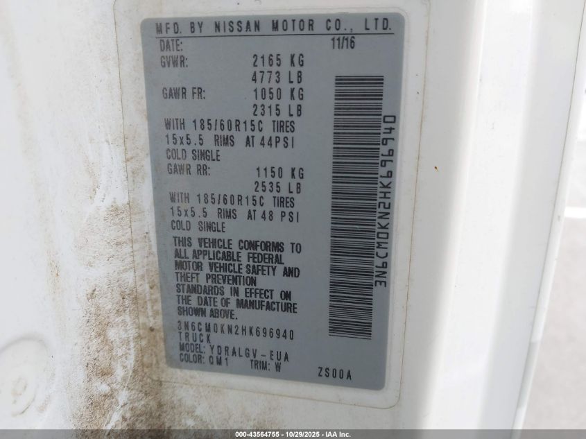 2017 Nissan Nv200 Sv VIN: 3N6CM0KN2HK696940 Lot: 43564755