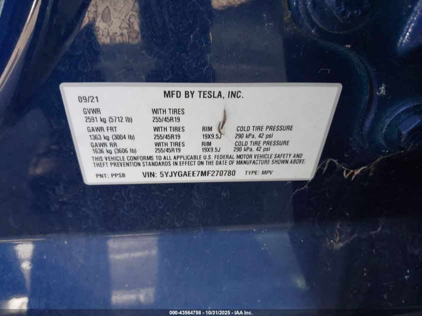 2021 Tesla Model Y Long Range Dual Motor All-Wheel Drive VIN: 5YJYGAEE7MF270780 Lot: 43564758