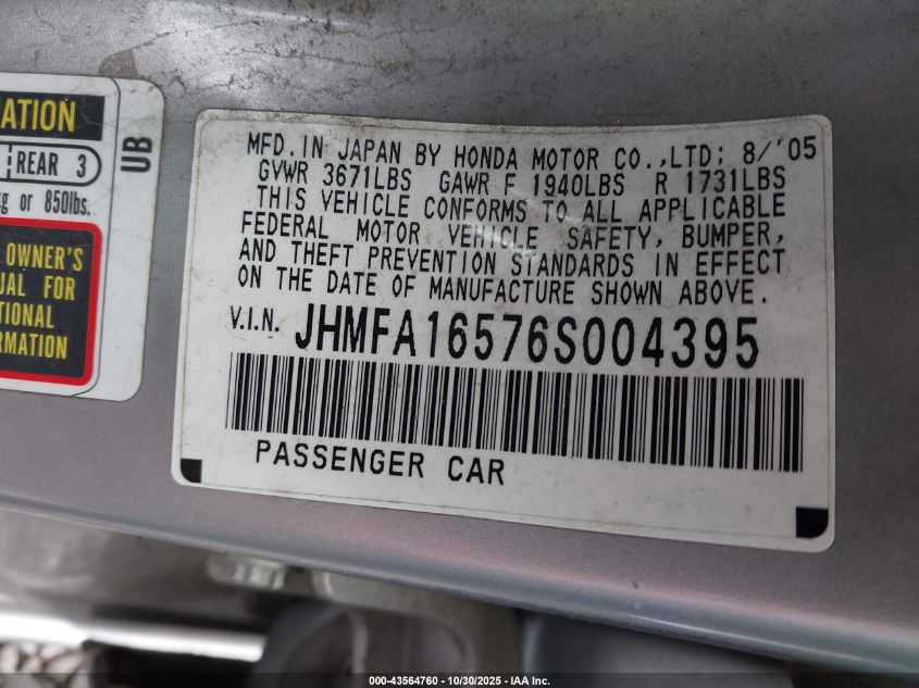 2006 Honda Civic Lx VIN: JHMFA16576S004395 Lot: 43564760