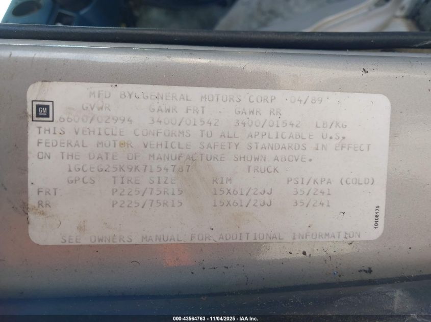 1989 Chevrolet G20 VIN: 1GCEG25K9K7154787 Lot: 43564763