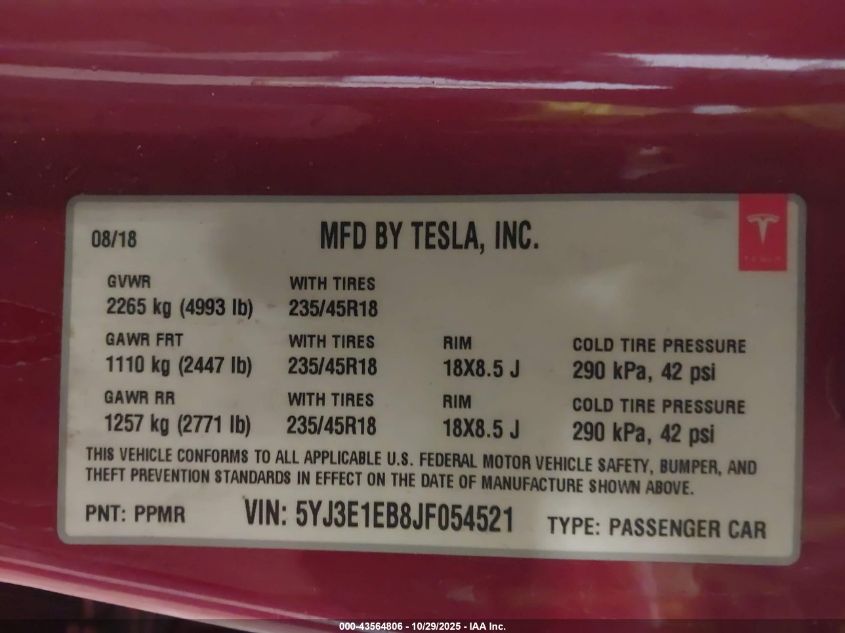 2018 Tesla Model 3 Long Range/Performance VIN: 5YJ3E1EB8JF054521 Lot: 43564806
