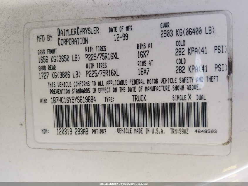 2000 Dodge Ram 1500 St VIN: 1B7HC16Y5YS619884 Lot: 43564807