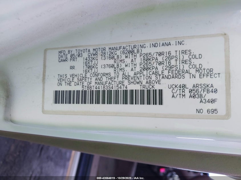 5TBBT44183S415474 2003 TOYOTA TUNDRA photo no. 9