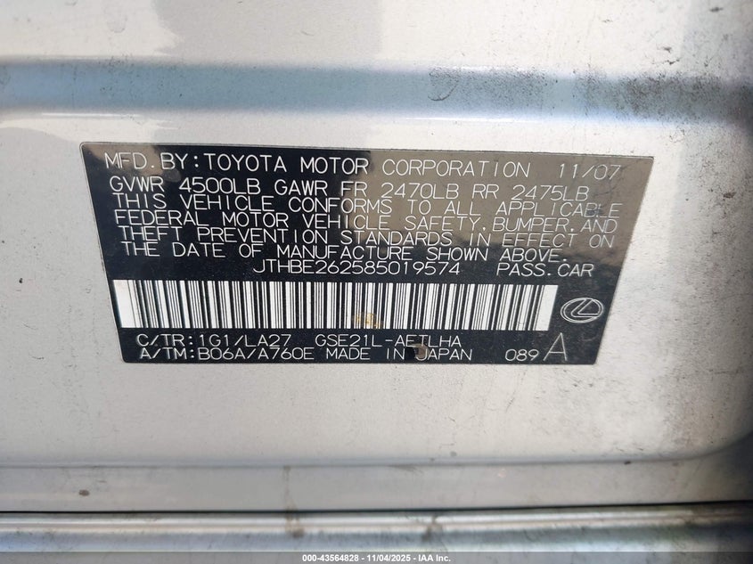 2008 Lexus Is 350 VIN: JTHBE262585019574 Lot: 43564828