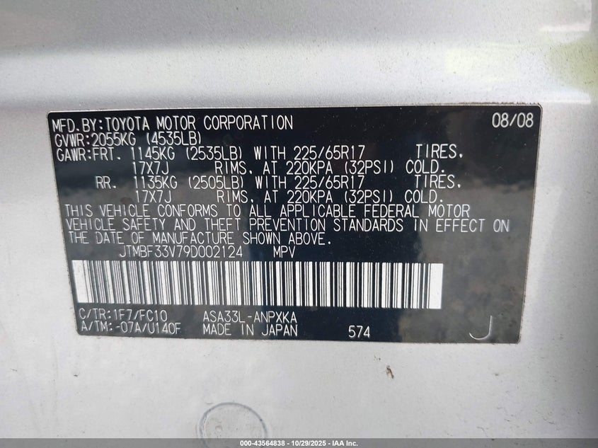 2009 Toyota Rav4 VIN: JTMBF33V79D002124 Lot: 43564838