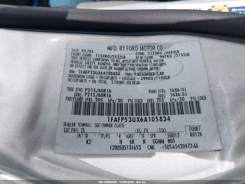 2006 Ford Taurus Se VIN: 1FAFP53UX6A105834 Lot: 43564849