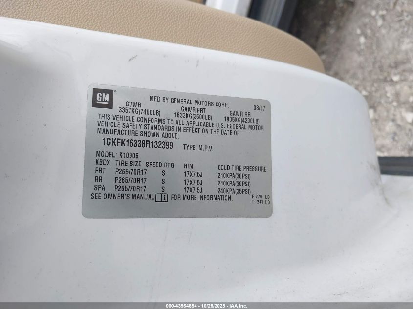 2008 GMC Yukon Xl 1500 Sle VIN: 1GKFK16338R132399 Lot: 43564854