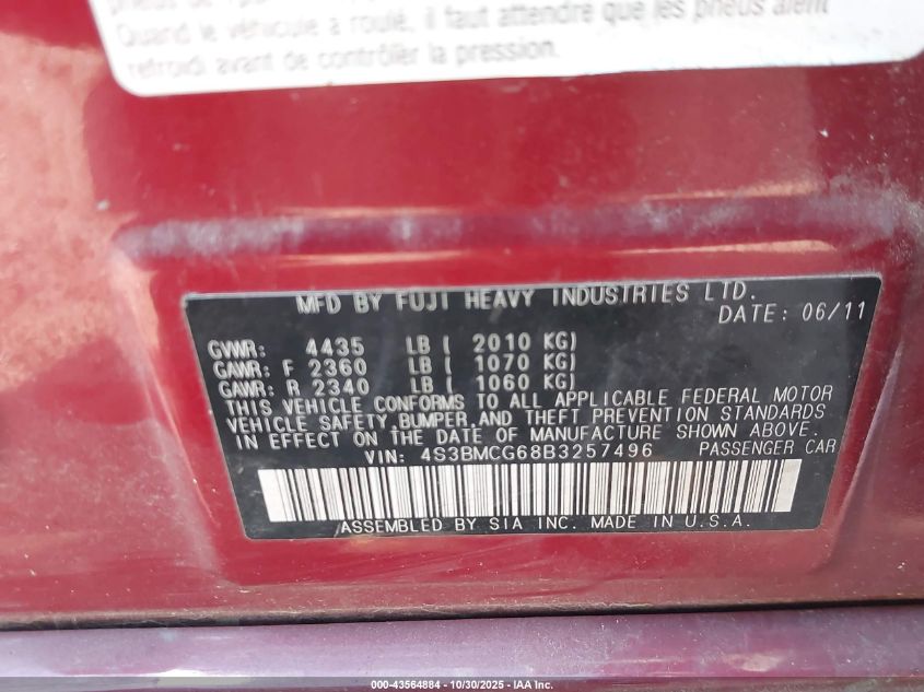 2011 Subaru Legacy 2.5I Premium VIN: 4S3BMCG68B3257496 Lot: 43564884