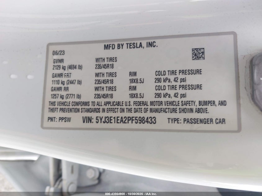 2023 Tesla Model 3 Rear-Wheel Drive VIN: 5YJ3E1EA2PF598433 Lot: 43564908