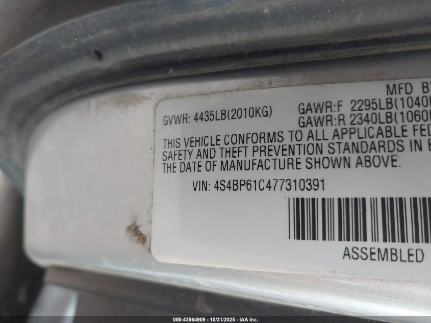 2007 Subaru Outback 2.5I VIN: 4S4BP61C477310391 Lot: 43564909