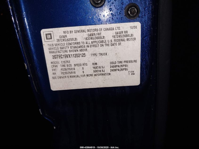 2001 GMC Sierra 1500 Sle VIN: 2GTEC19VX11202125 Lot: 43564919