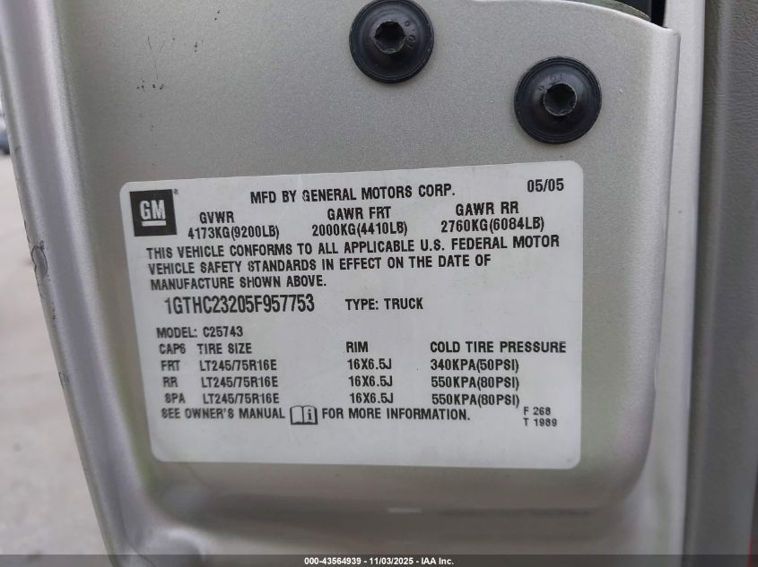 2005 GMC Sierra 2500Hd Sle VIN: 1GTHC23205F957753 Lot: 43564939
