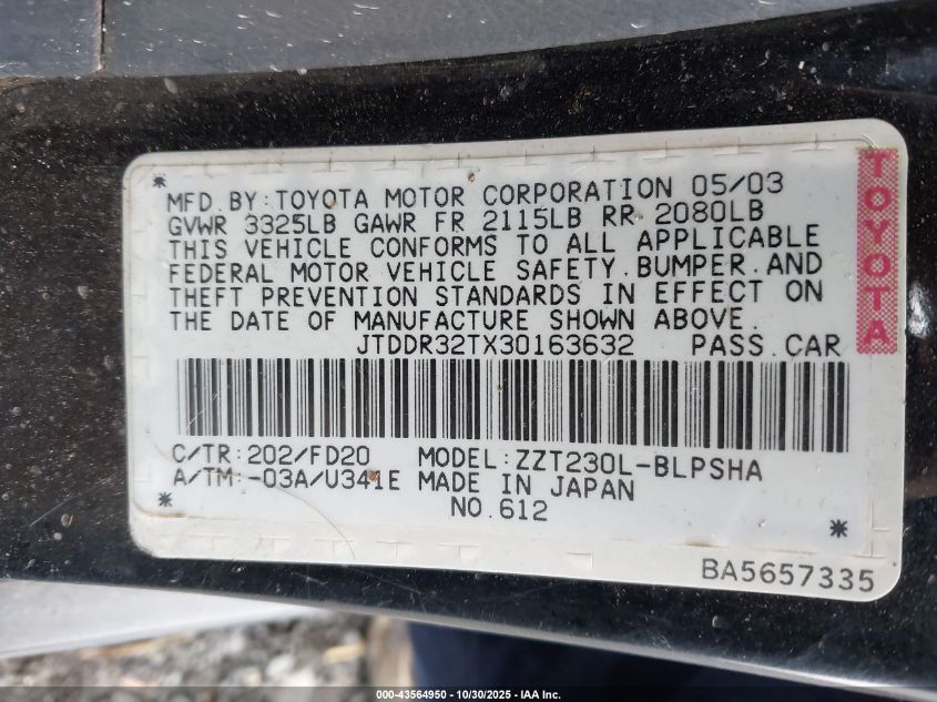 2003 Toyota Celica Gt VIN: JTDDR32TX30163632 Lot: 43564950