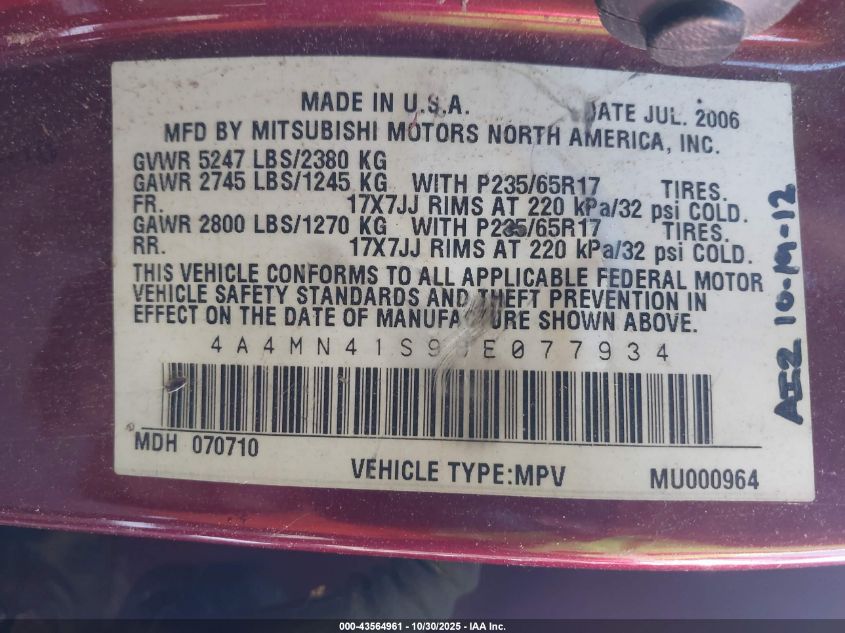 2006 Mitsubishi Endeavor Limited VIN: 4A4MN41S96E077934 Lot: 43564961