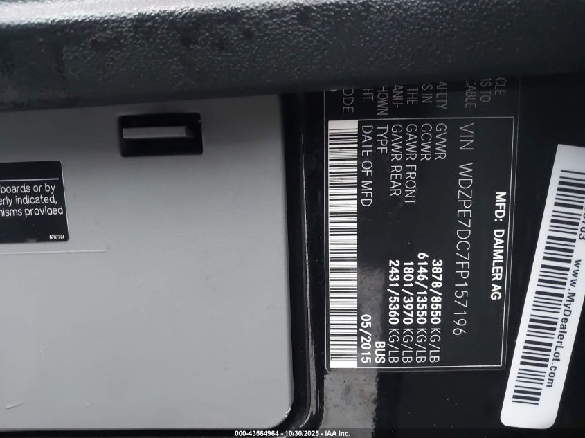 2015 Mercedes-Benz Sprinter 2500 Normal Roof VIN: WDZPE7DC7FP157196 Lot: 43564964