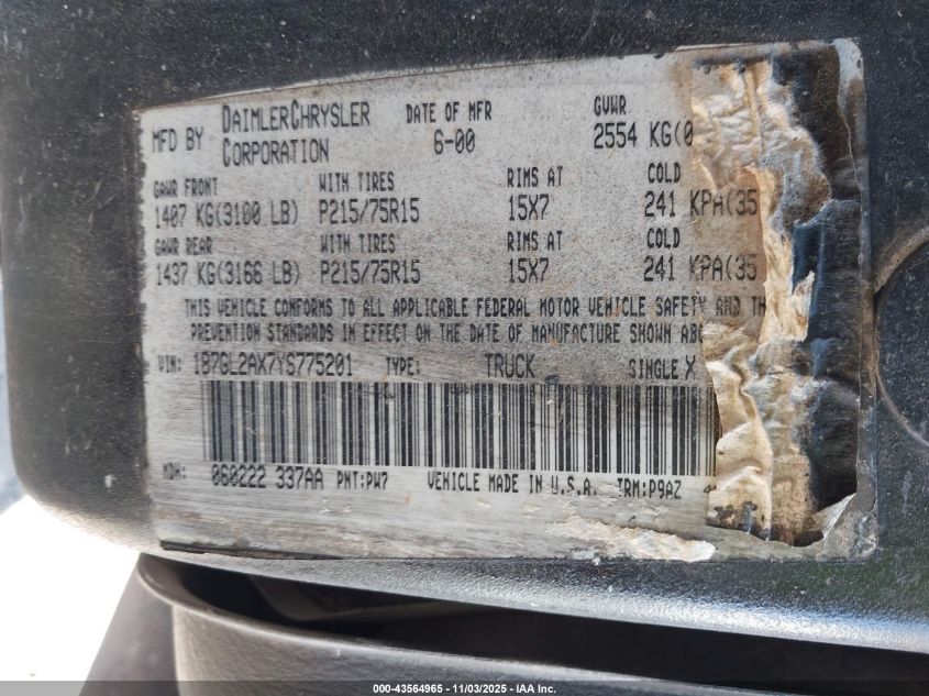 2000 Dodge Dakota Slt/Sport VIN: 1B7GL2AX7YS775201 Lot: 43564965