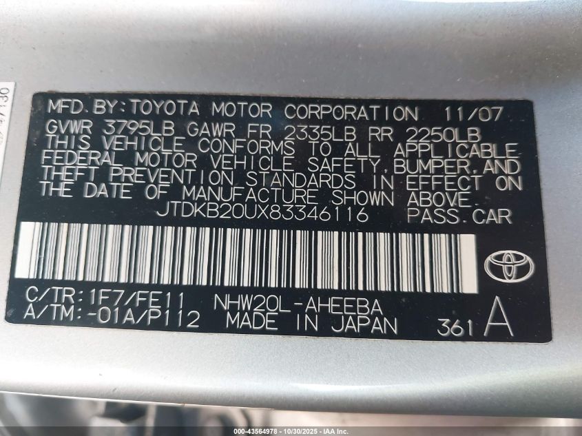 2008 Toyota Prius VIN: JTDKB20UX83346116 Lot: 43564978