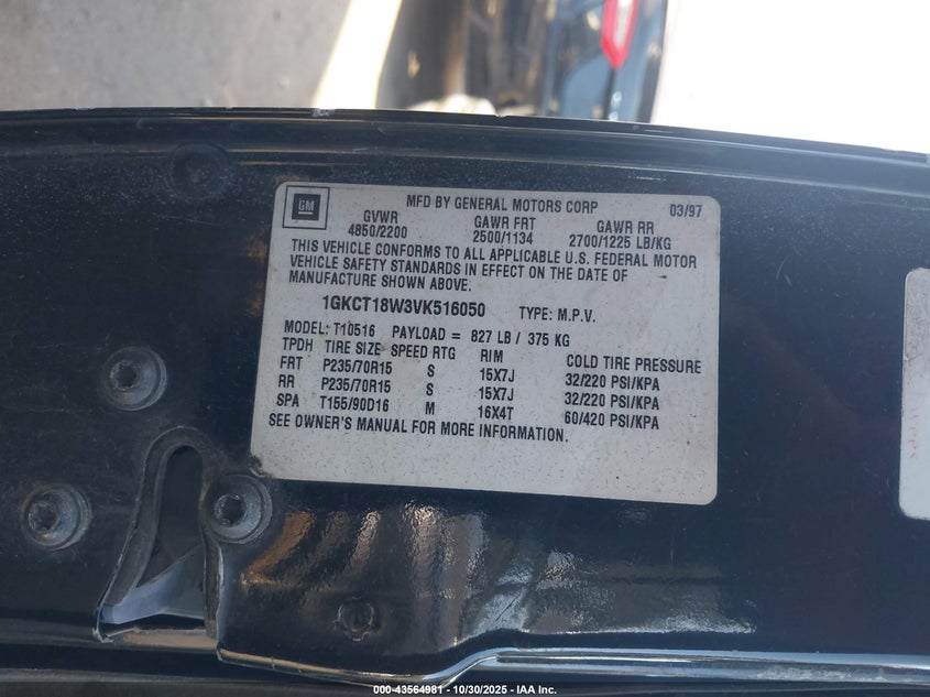 1997 GMC Jimmy Sls VIN: 1GKCT18W3VK516050 Lot: 43564981