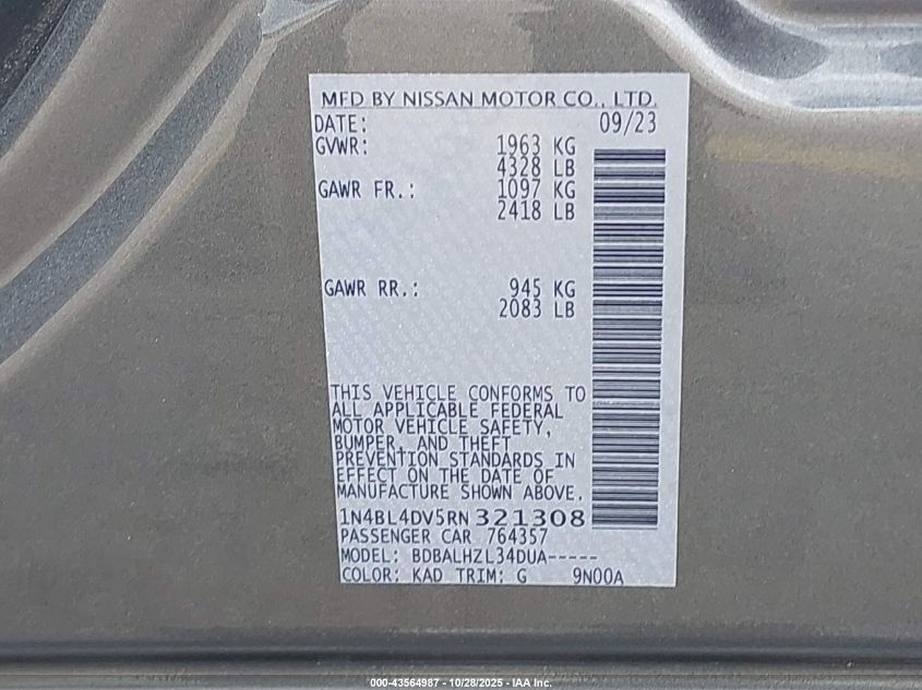 2024 Nissan Altima Sv Fwd VIN: 1N4BL4DV5RN321308 Lot: 43564987