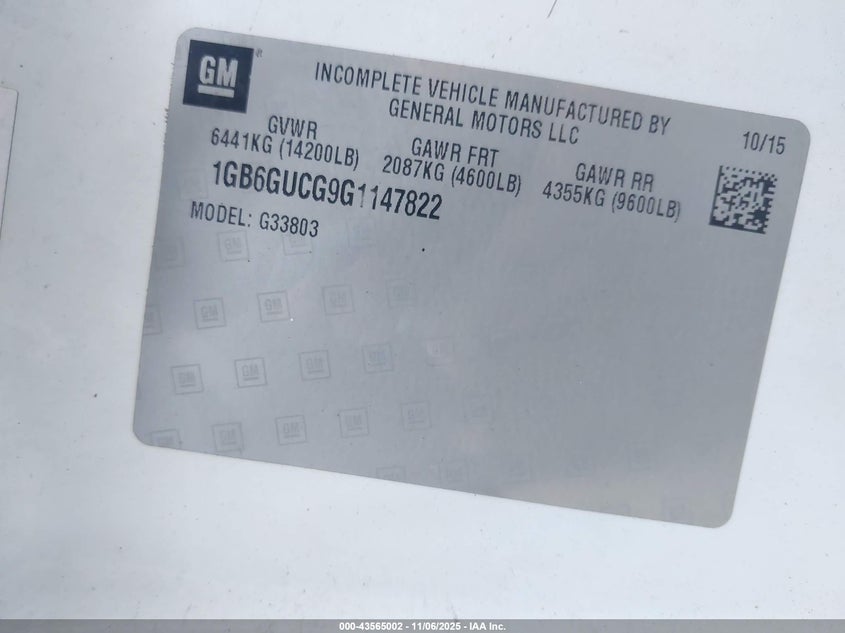 2016 Chevrolet Express Cutaway 4500 VIN: 1GB6GUCG9G1147822 Lot: 43565002