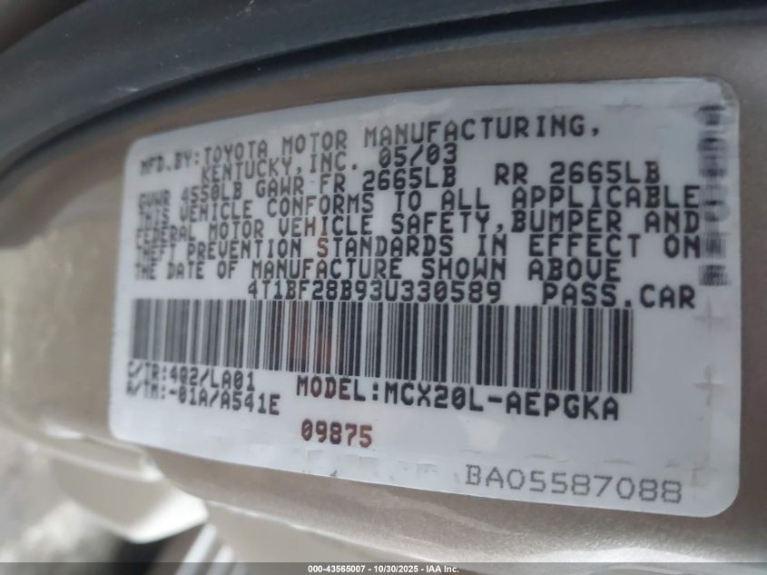 2003 Toyota Avalon Xls VIN: 4T1BF28B93U330589 Lot: 43565007