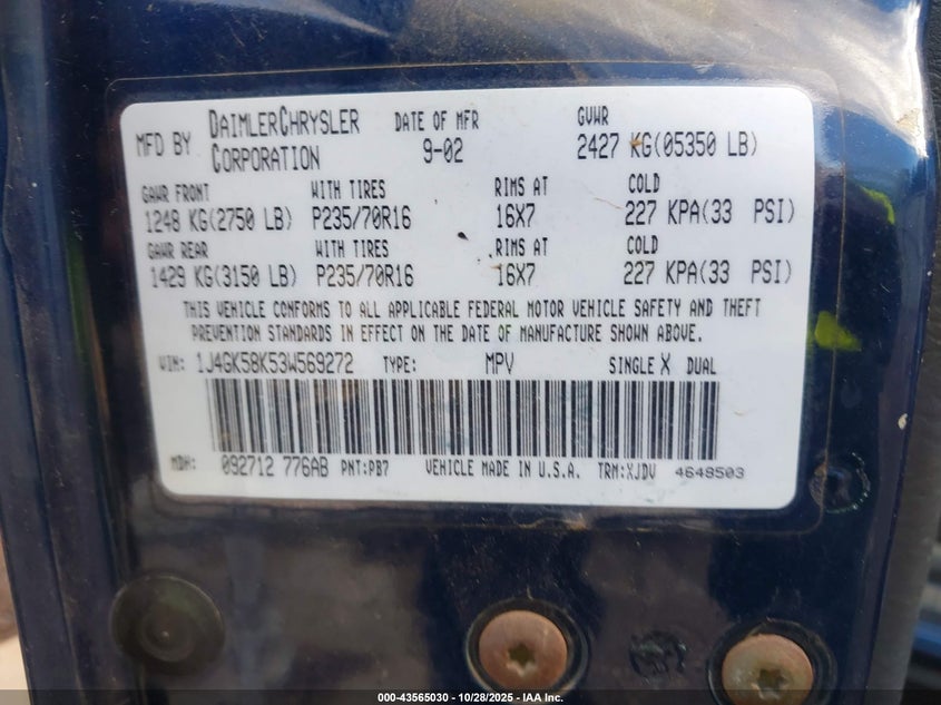 2003 Jeep Liberty Limited Edition VIN: 1J4GK58K53W569272 Lot: 43565030