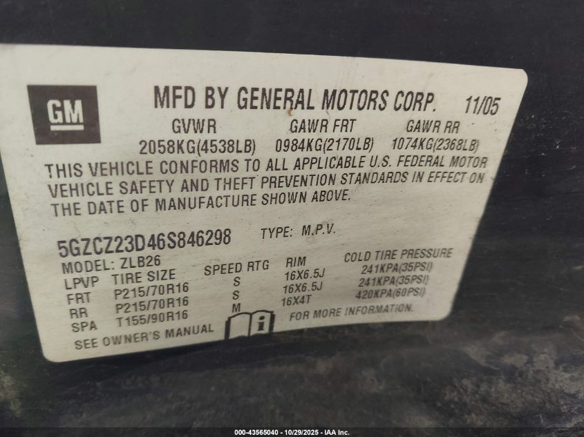 2006 Saturn Vue 4 Cyl VIN: 5GZCZ23D46F846298 Lot: 43565040