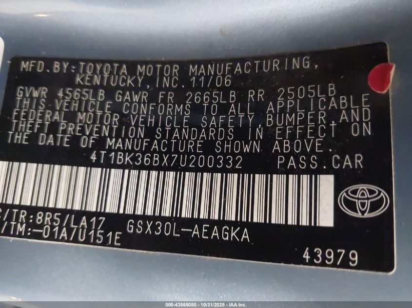 2007 Toyota Avalon Xls VIN: 4T1BK36BX7U200332 Lot: 43565050