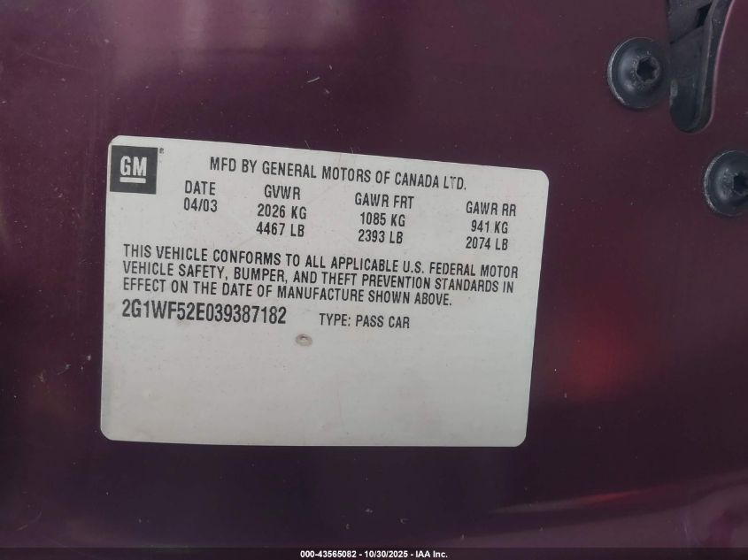 2003 Chevrolet Impala VIN: 2G1WF52E039387182 Lot: 43565082