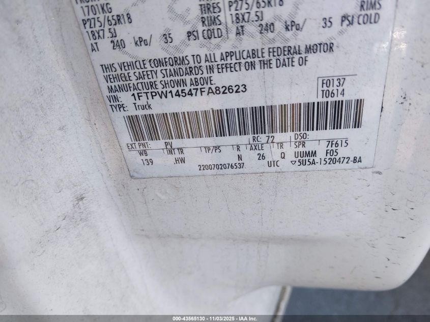 2007 Ford F-150 Fx4/Lariat/Xlt VIN: 1FTPW14547FA82623 Lot: 43565130